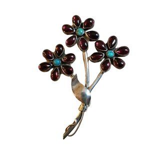 Artisan Brooch Sterling Silver Garnet Turquoise Flower Pin JS14